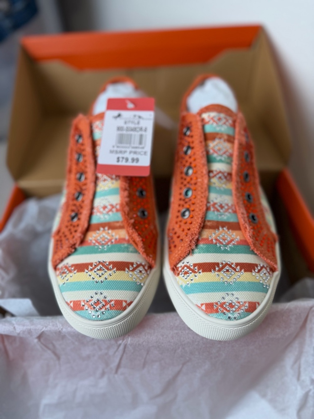 Montana West Orange & Multicolor Aztec Slip-On Sneakers-NIB